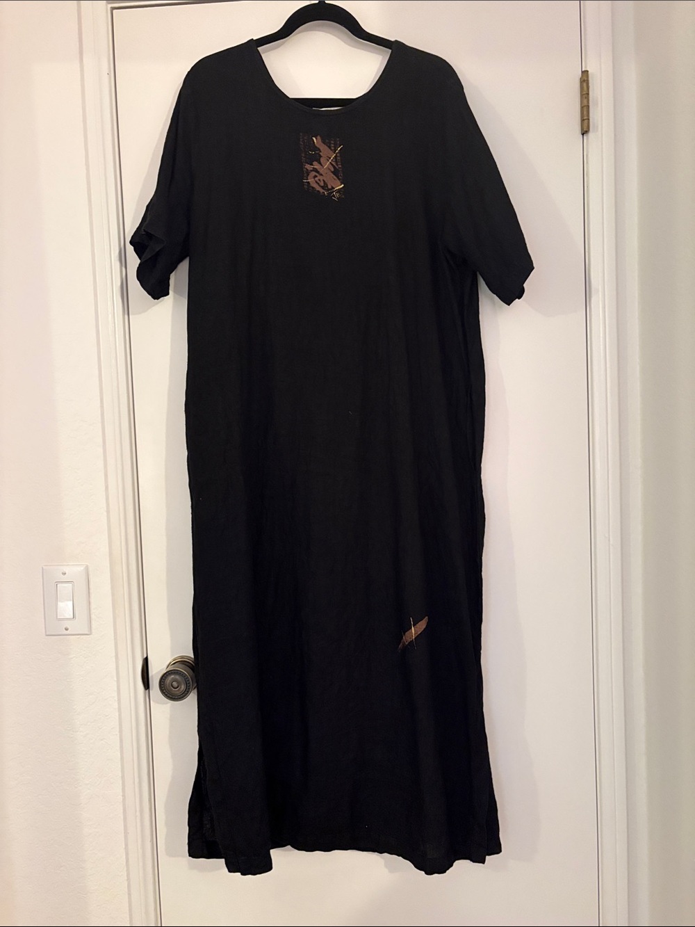 Black Maxi Linen Dress with Subtle Brown Graphic